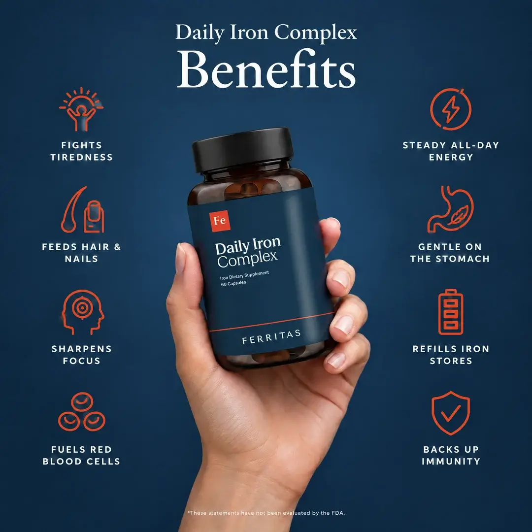 Daily Iron Complex benefits around a hand holding the Ferritas bottle: fights tiredness, steady all-day energy, feeds hair and nails, gentle on the stomach, sharpens focus, refills iron stores, fuels red blood cells, backs up immunity.