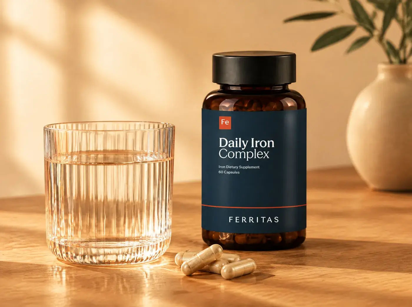A bottle of Ferritas Daily Iron Complex on a wooden table beside a glass of water and a few capsules