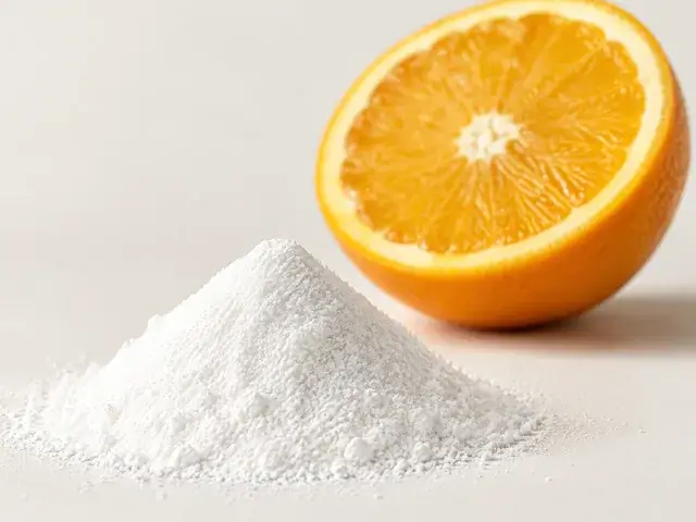A pile of white vitamin C powder in front of a halved orange
